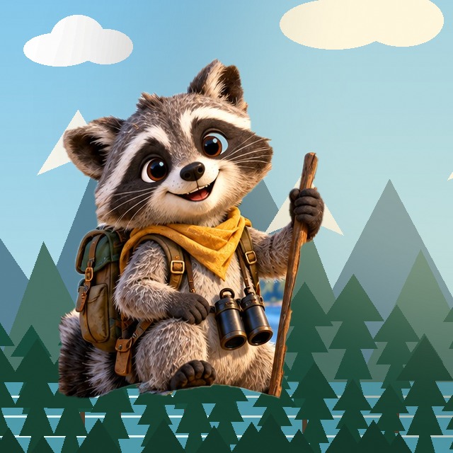 Roscoe the Raccoon in explorer gear beside a mountain lake