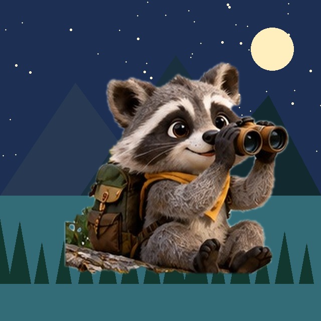 Roscoe the Raccoon using binoculars while searching for uncommon boy names