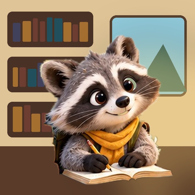 Roscoe the Raccoon writing a favorite boy name idea in his notebook