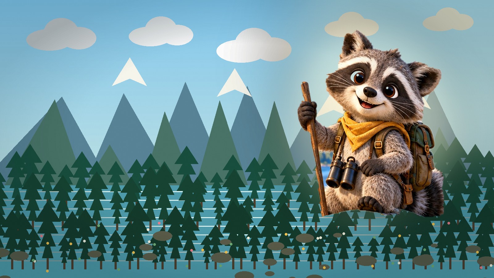 Roscoe the Raccoon hiking beside a mountain lake while exploring rare and unique boy names