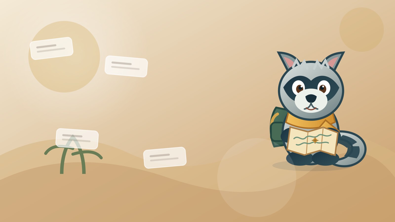 Roscoe the Raccoon beside an old book, olive branches and warm desert hills for rare biblical boy names